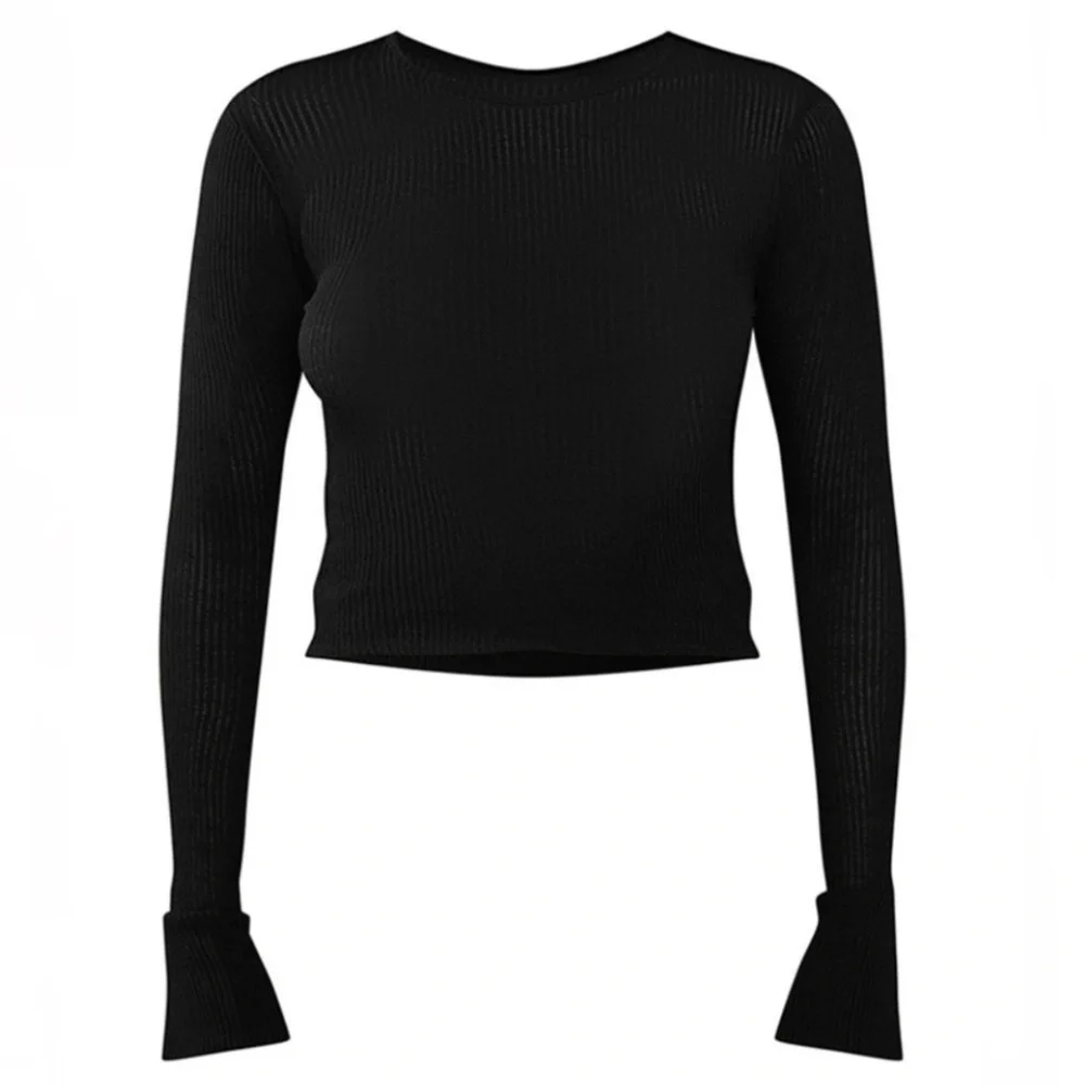 1106 NWT PrettyLittleThing Soft Rib Flared Sleeve Top - Size 0 - Black - Picture 3 of 11